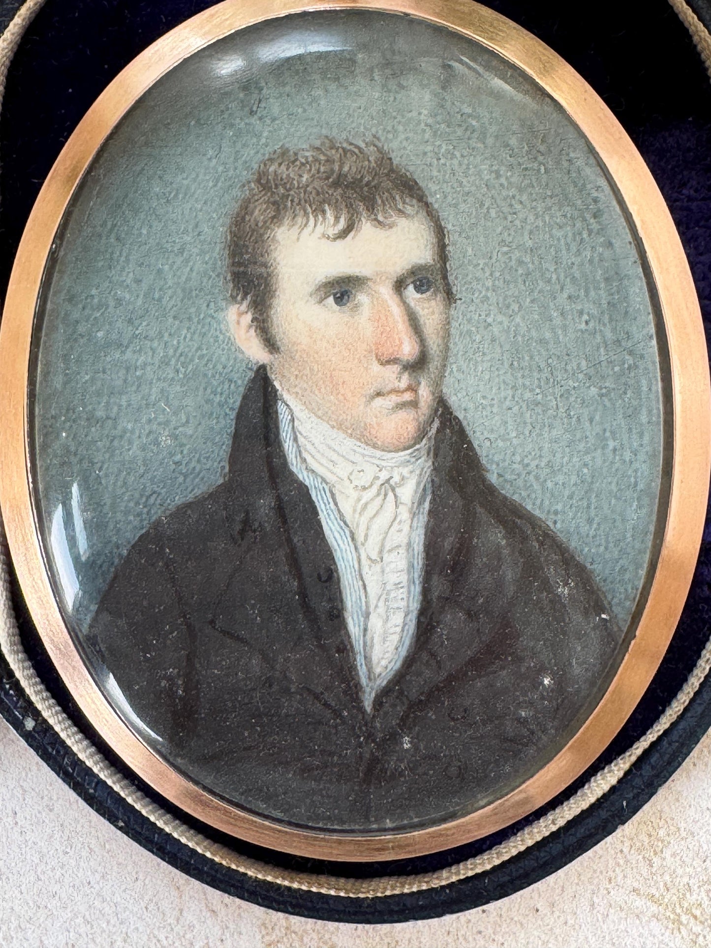 Antique Regency Portrait Miniature Pendant, Georgian Gentleman, Silver Gilt Hairwork c1800