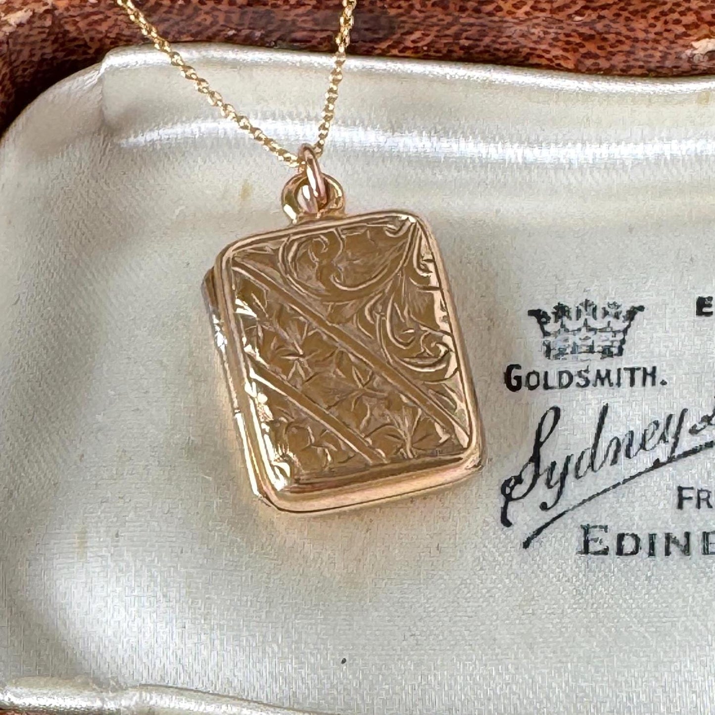 Antique Victorian Rolled Gold Rectangular Locket & Gold Filled Chain | 2-Sided Floral Engraved Pendant Necklace