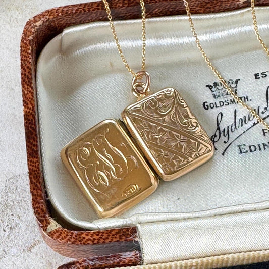 Antique Victorian Rolled Gold Rectangular Locket & Gold Filled Chain | 2-Sided Floral Engraved Pendant Necklace