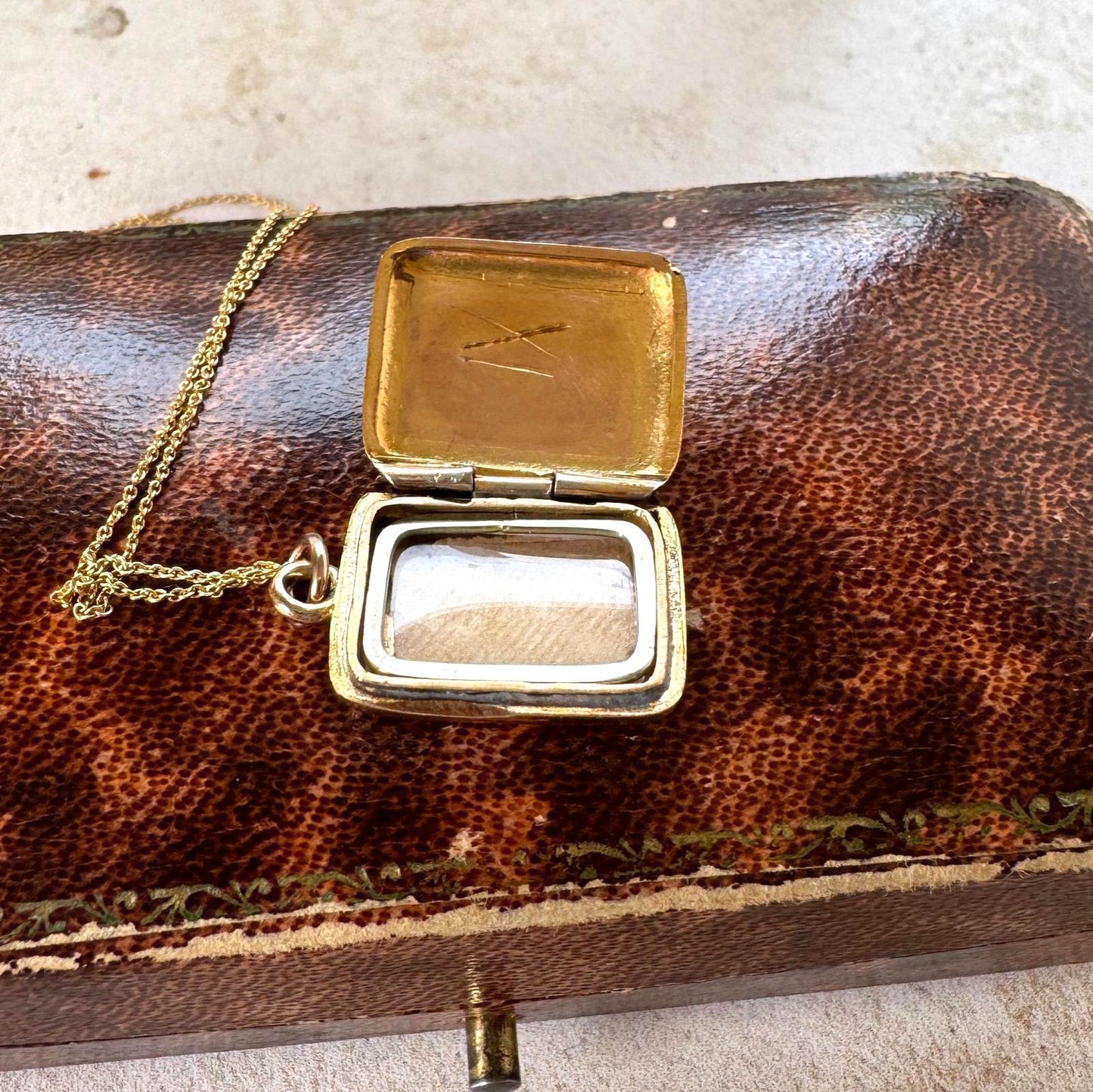Antique Victorian Rolled Gold Rectangular Locket & Gold Filled Chain | 2-Sided Floral Engraved Pendant Necklace