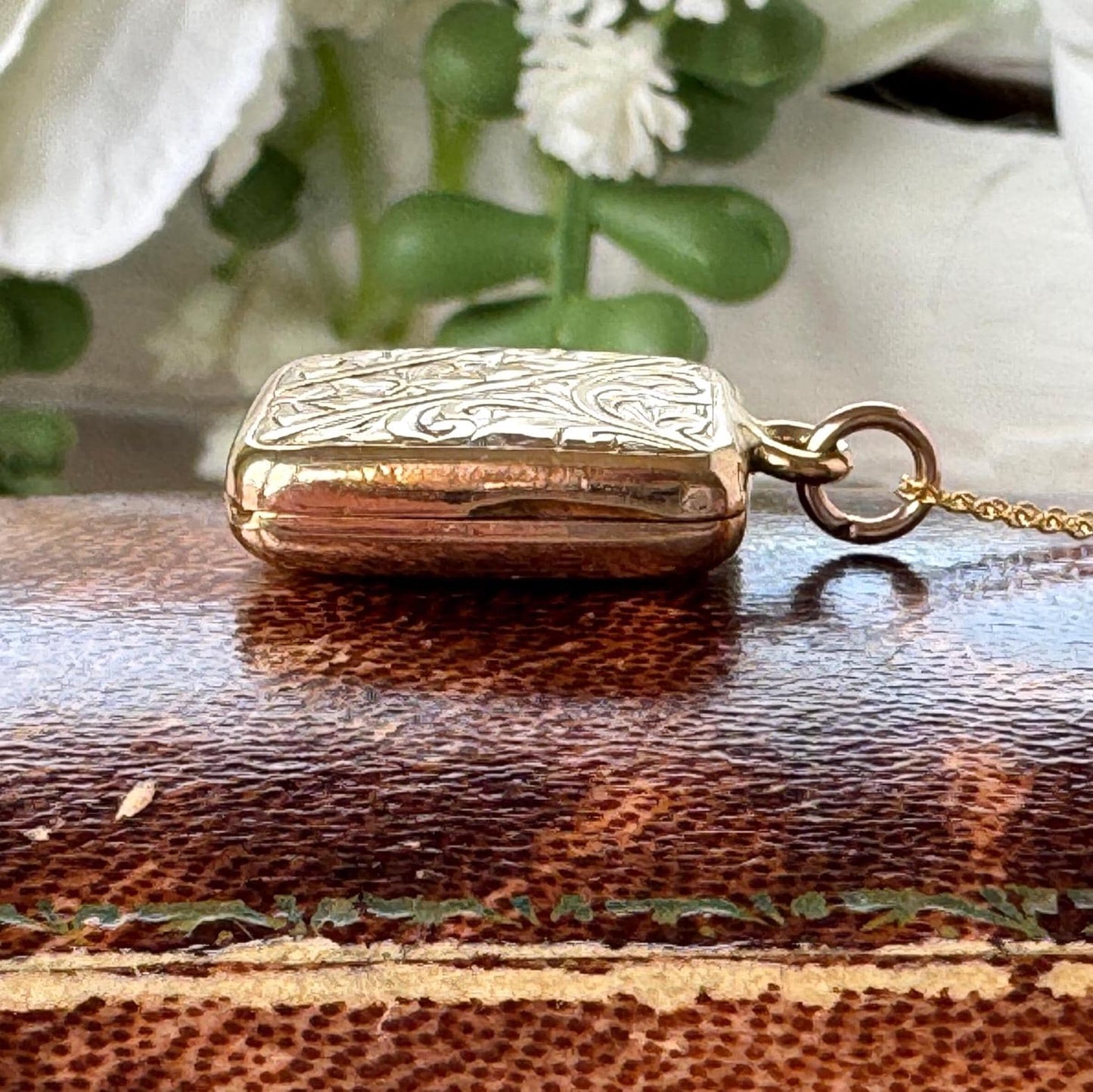 Antique Victorian Rolled Gold Rectangular Locket & Gold Filled Chain | 2-Sided Floral Engraved Pendant Necklace