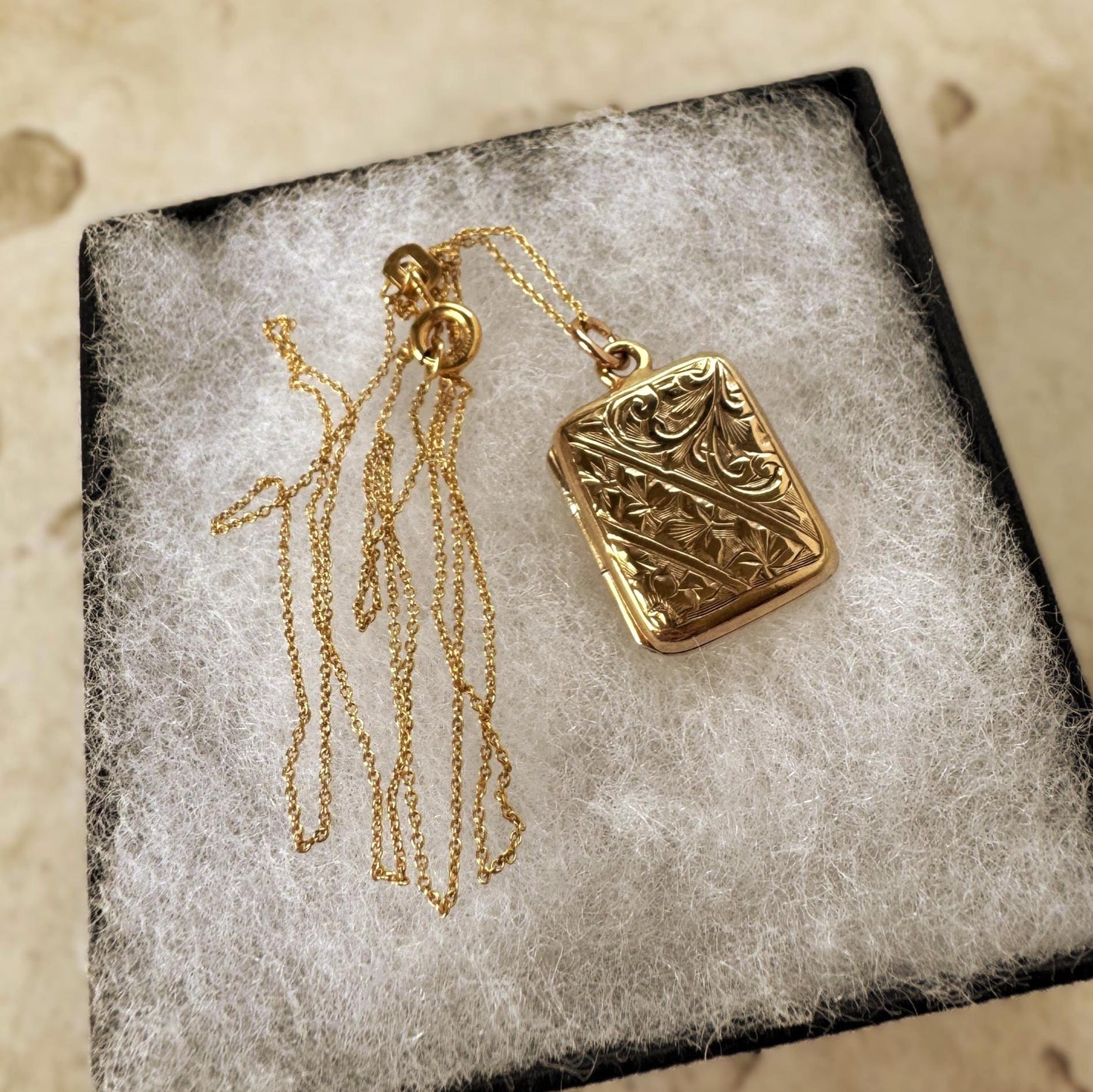 Antique Victorian Rolled Gold Rectangular Locket & Gold Filled Chain | 2-Sided Floral Engraved Pendant Necklace