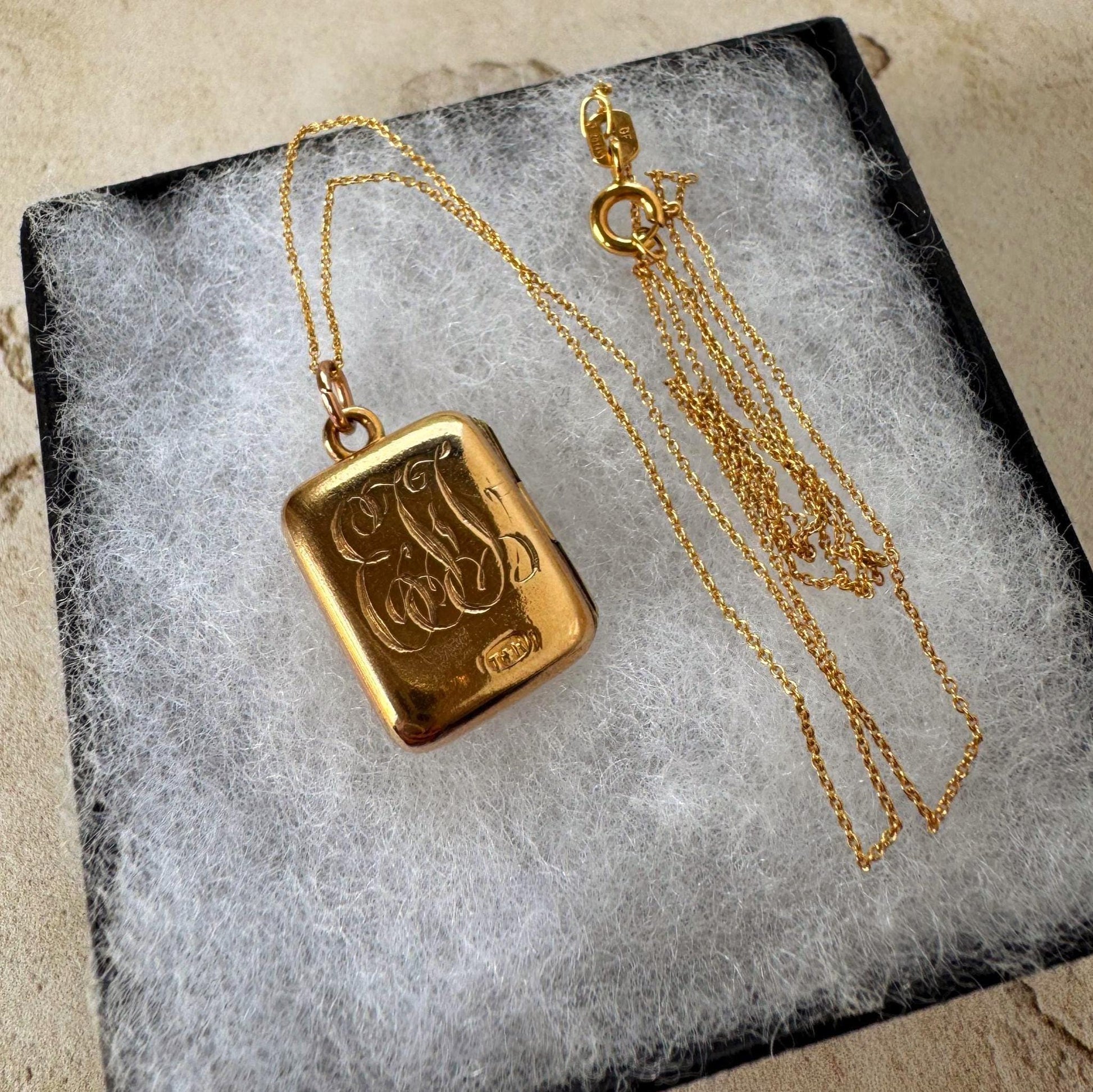 Antique Victorian Rolled Gold Rectangular Locket & Gold Filled Chain | 2-Sided Floral Engraved Pendant Necklace