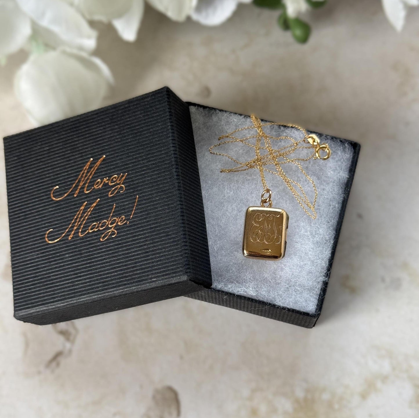 Antique Victorian Rolled Gold Rectangular Locket & Gold Filled Chain | 2-Sided Floral Engraved Pendant Necklace