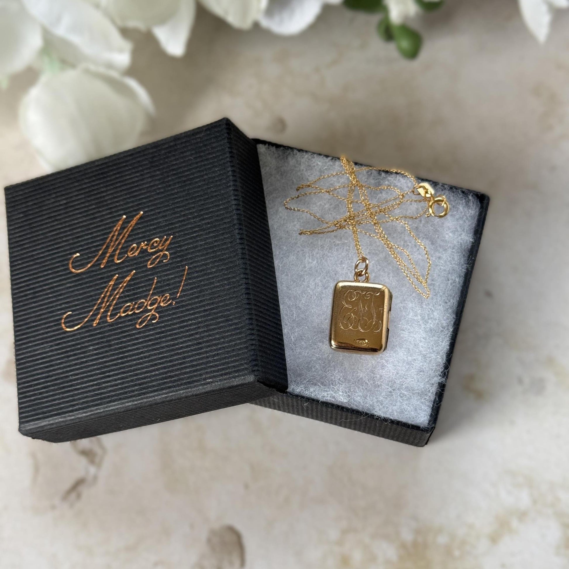 Antique Victorian Rolled Gold Rectangular Locket & Gold Filled Chain | 2-Sided Floral Engraved Pendant Necklace