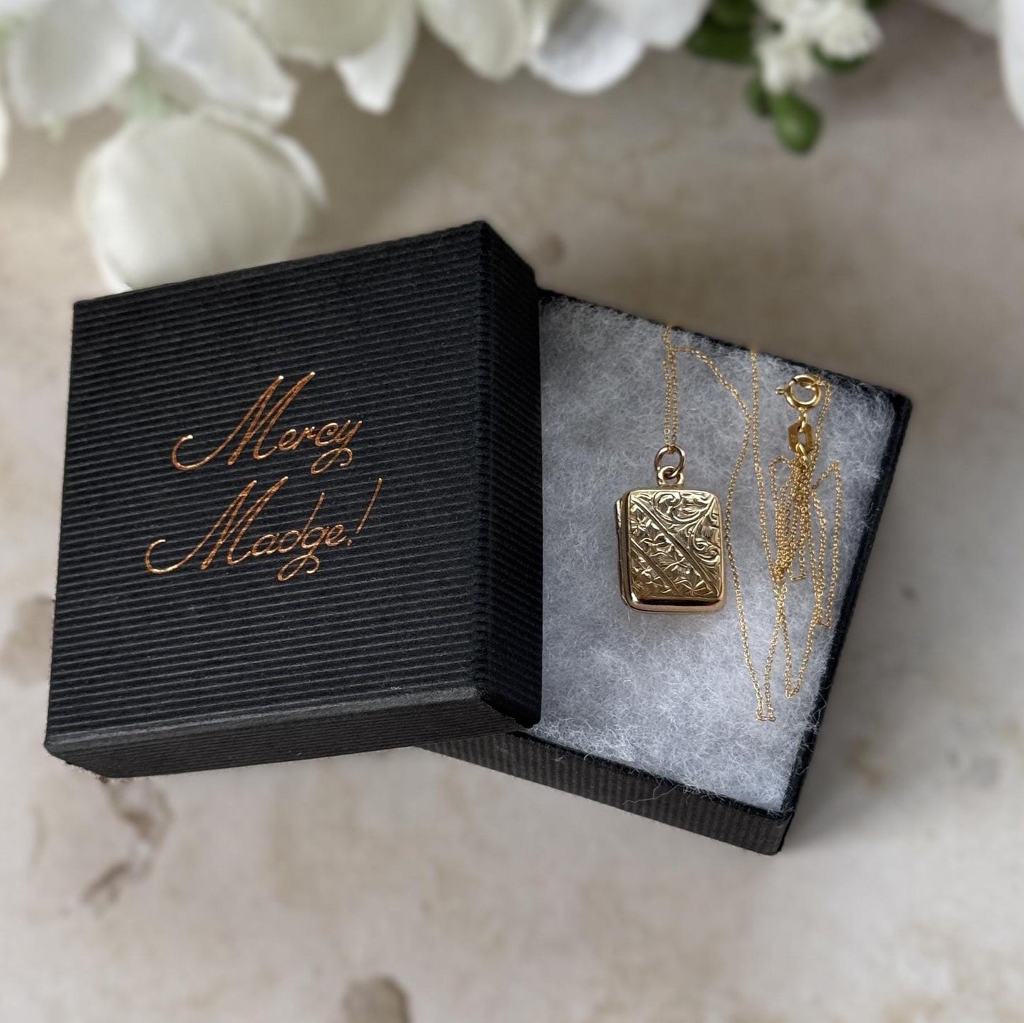 Antique Victorian Rolled Gold Rectangular Locket & Gold Filled Chain | 2-Sided Floral Engraved Pendant Necklace