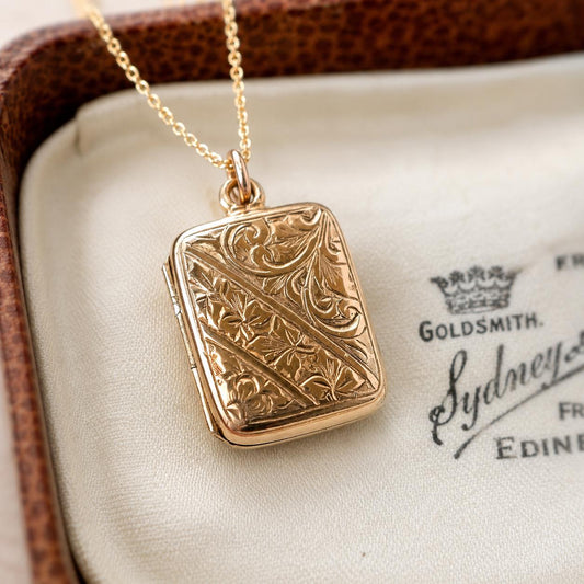 Antique Victorian Rolled Gold Rectangular Locket & Gold Filled Chain | 2-Sided Floral Engraved Pendant Necklace