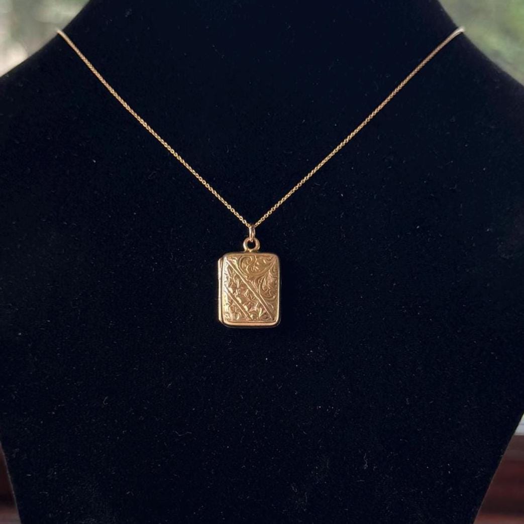 Antique Victorian Rolled Gold Rectangular Locket & Gold Filled Chain | 2-Sided Floral Engraved Pendant Necklace