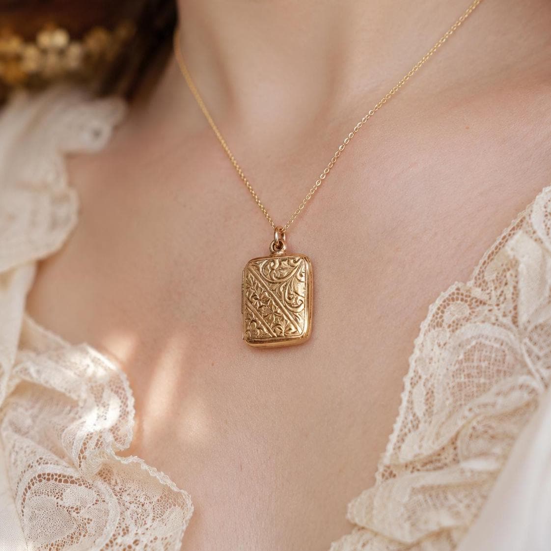Antique Victorian Rolled Gold Rectangular Locket & Gold Filled Chain | 2-Sided Floral Engraved Pendant Necklace