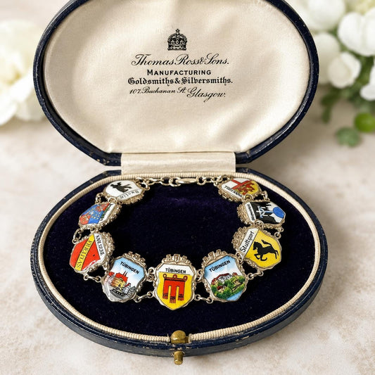 Vintage German City Charm Bracelet — Sterling Silver Enamel Souvenir Bracelet, c.1960
