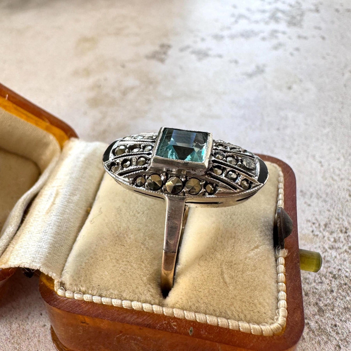 Antique 1920s Art Deco Blue Paste Topaz & Enamel Silver Ring, 9ct Gold Band