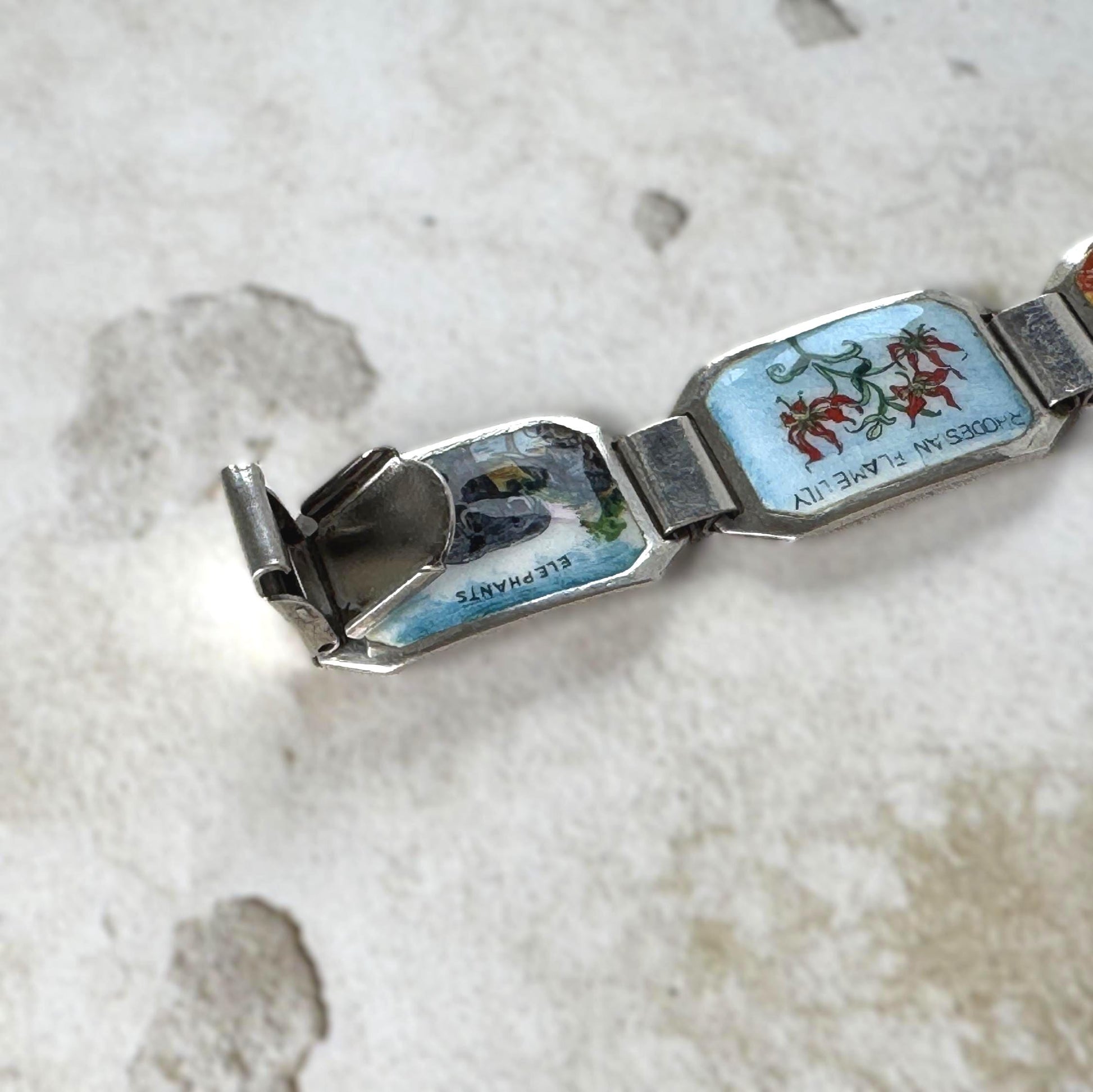 Vintage 1950s Sterling Silver & Enamel African Safari Panel Bracelet, REU Germany