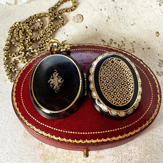 Antique Victorian Piqué Locket Necklace, Gold & Silver Inlay, Handmade Gilt Chain