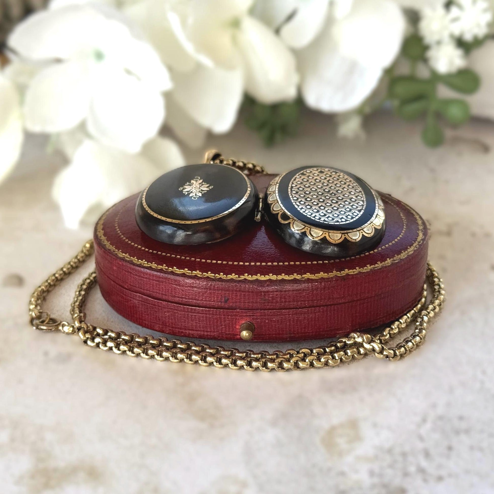 Antique Victorian Piqué Locket Necklace, Gold & Silver Inlay, Handmade Gilt Chain