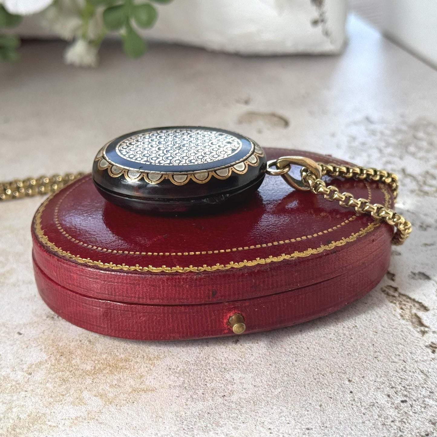 Antique Victorian Piqué Locket Necklace, Gold & Silver Inlay, Handmade Gilt Chain