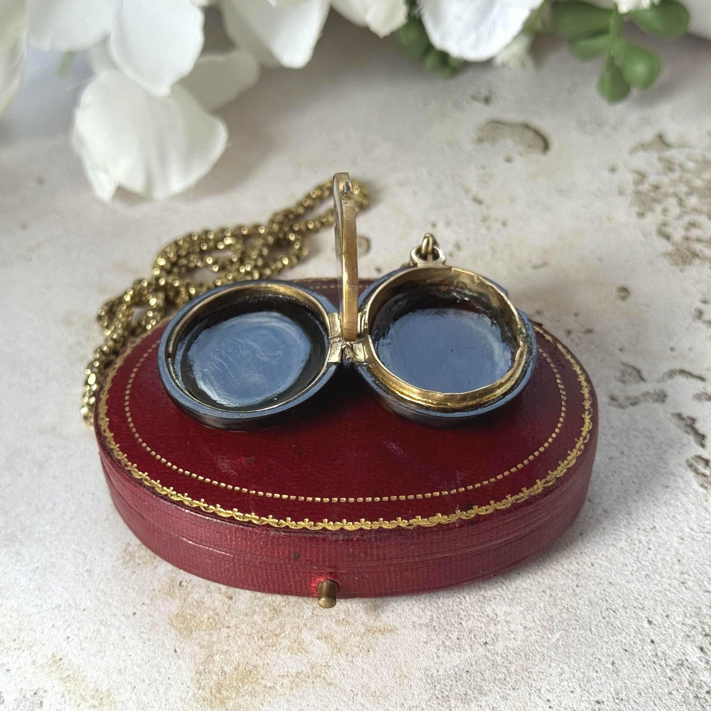 Antique Victorian Piqué Locket Necklace, Gold & Silver Inlay, Handmade Gilt Chain