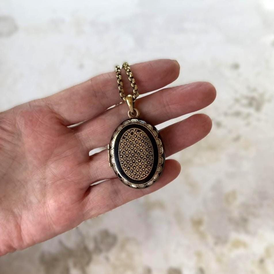 Antique Victorian Piqué Locket Necklace, Gold & Silver Inlay, Handmade Gilt Chain
