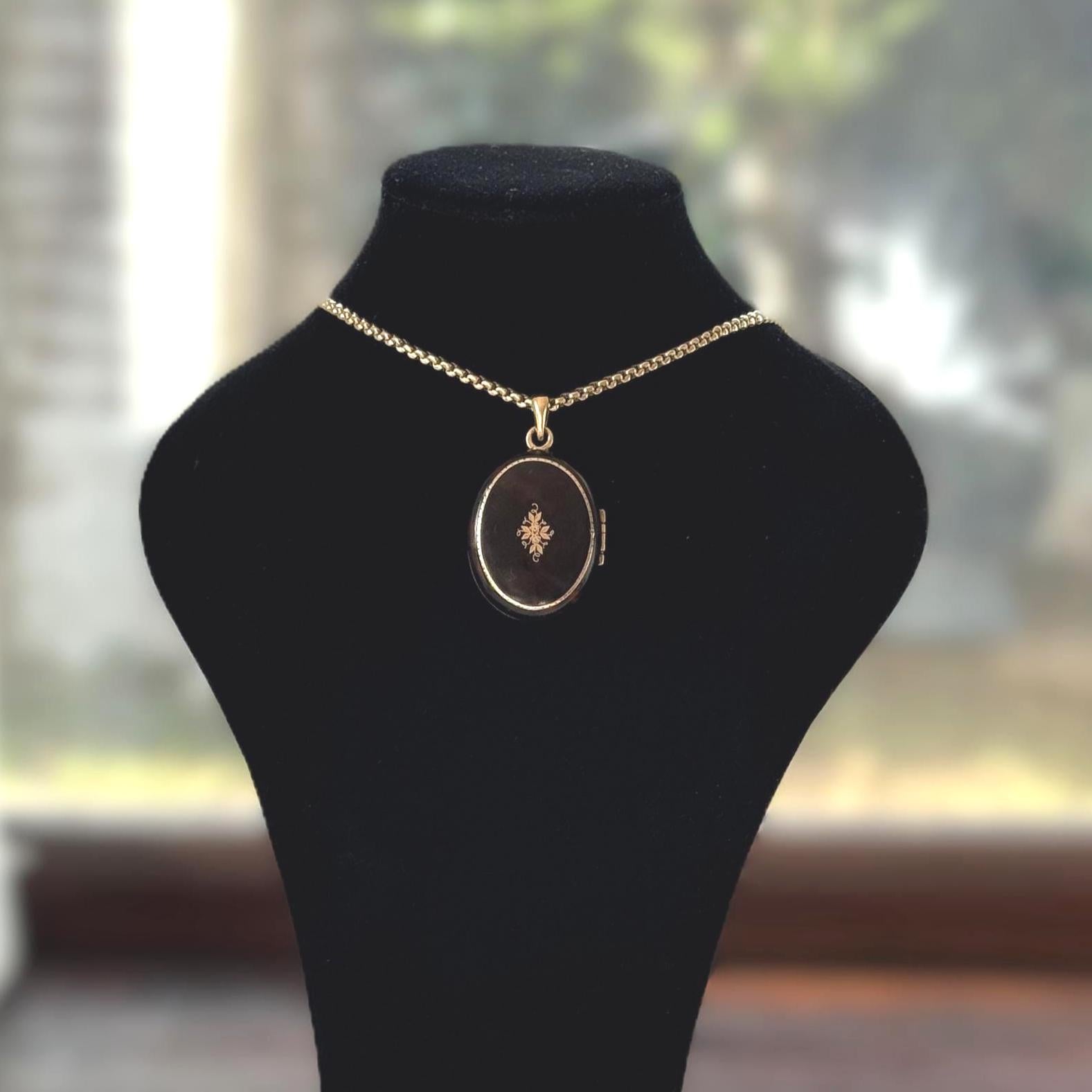 Antique Victorian Piqué Locket Necklace, Gold & Silver Inlay, Handmade Gilt Chain