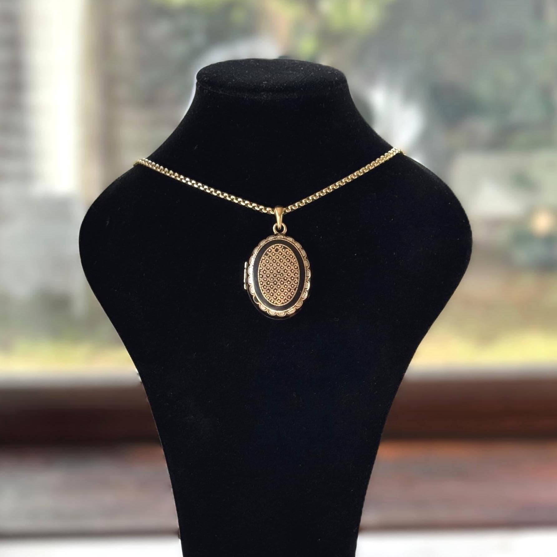 Antique Victorian Piqué Locket Necklace, Gold & Silver Inlay, Handmade Gilt Chain