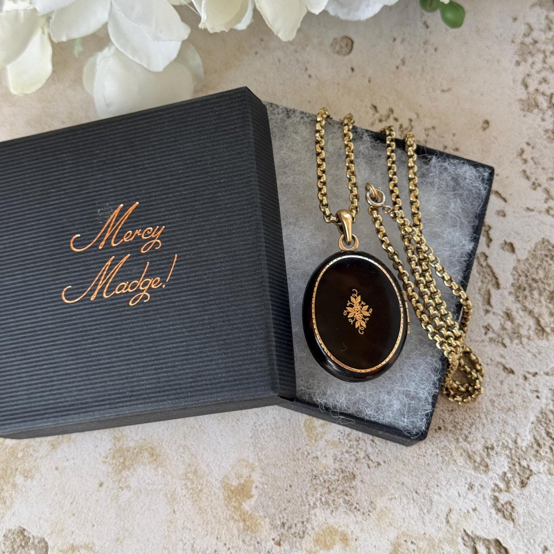 Antique Victorian Piqué Locket Necklace, Gold & Silver Inlay, Handmade Gilt Chain