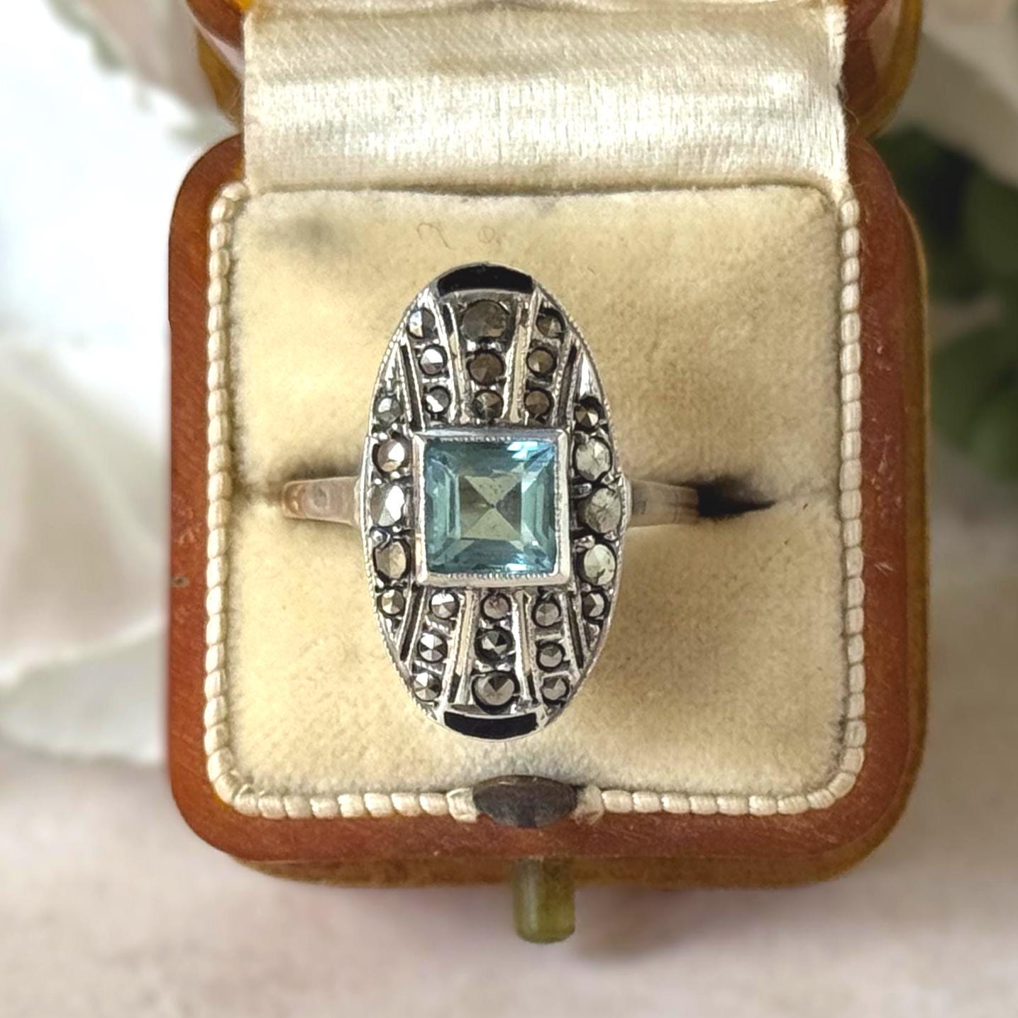 Antique 1920s Art Deco Blue Paste Topaz & Enamel Silver Ring, 9ct Gold Band