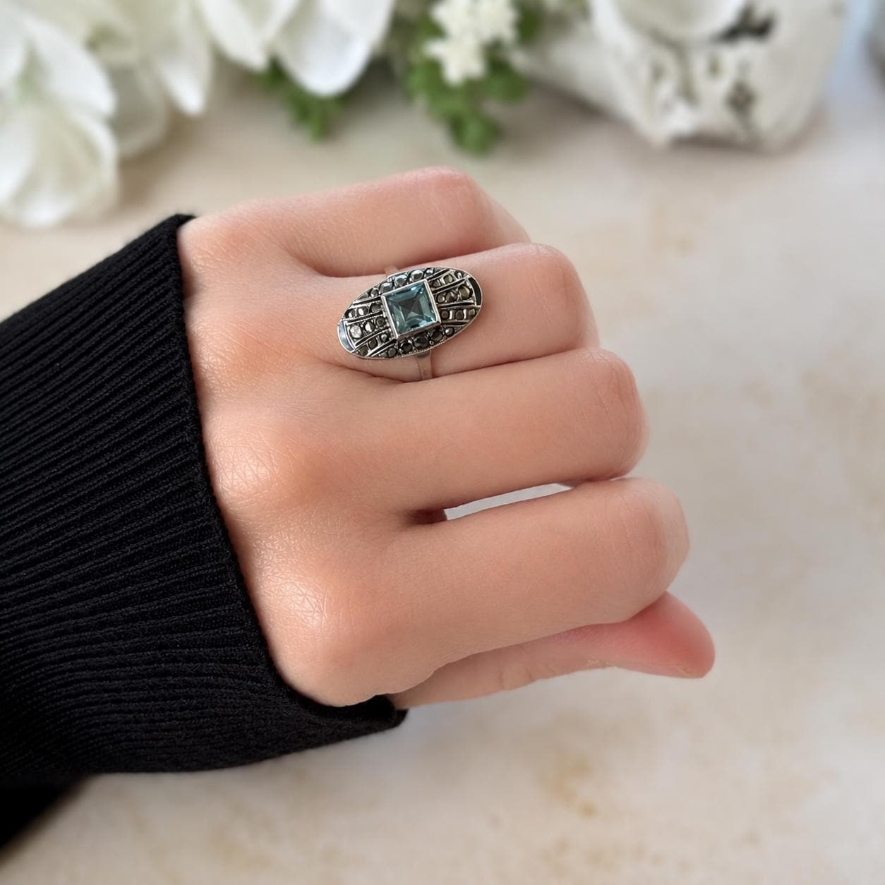 Antique 1920s Art Deco Blue Paste Topaz & Enamel Silver Ring, 9ct Gold Band