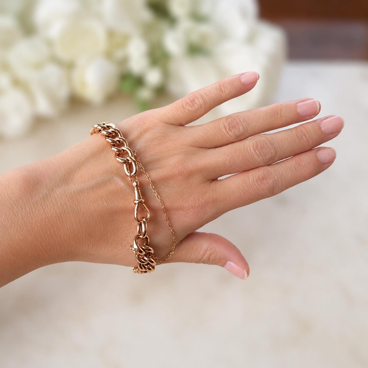Antique Victorian 9ct Rose Gold Watch Chain Style Bracelet | Unisex Chunky Curb Chain with Dog Clip