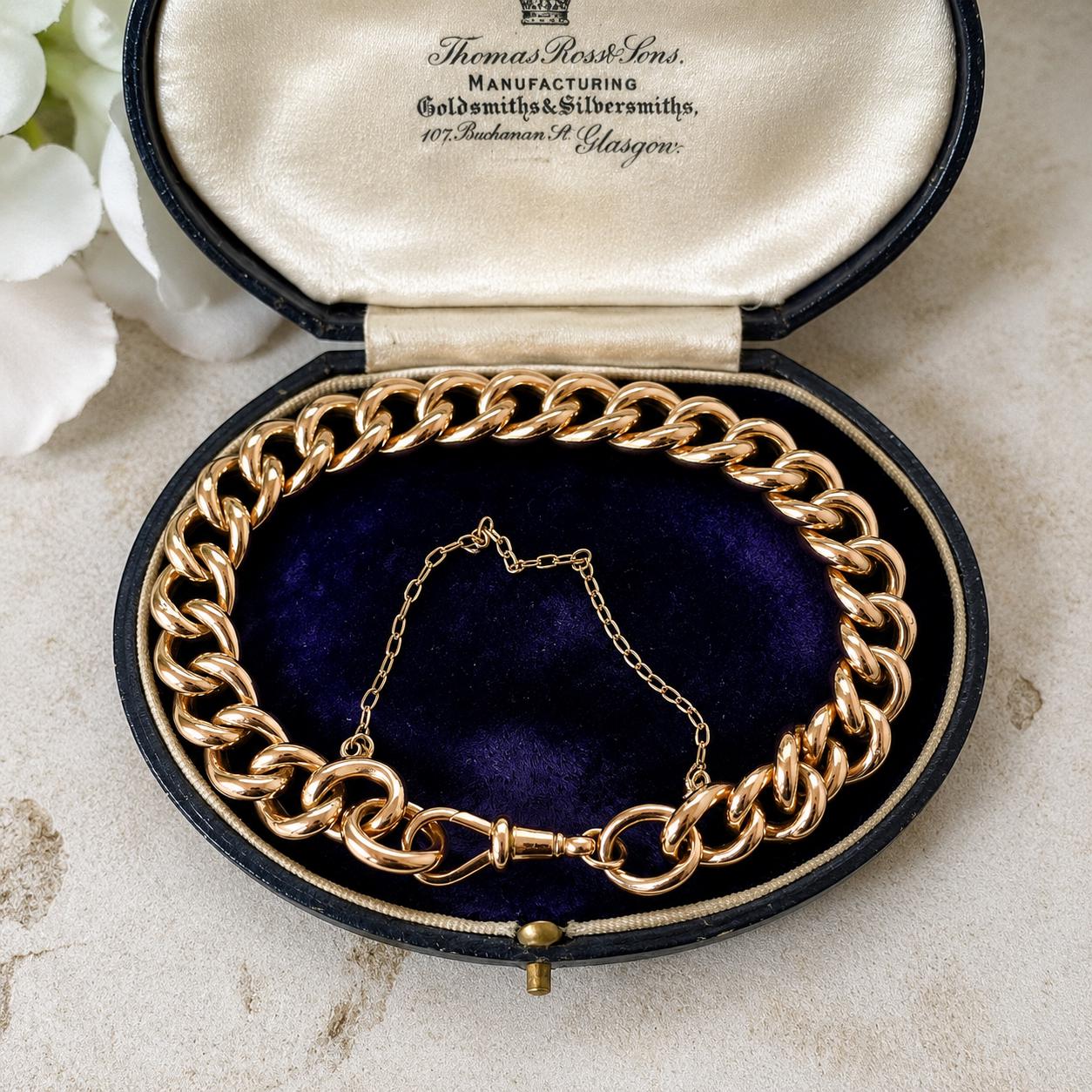 Antique Victorian 9ct Rose Gold Watch Chain Style Bracelet | Unisex Chunky Curb Chain with Dog Clip