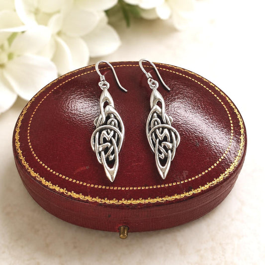 Vintage Sterling Silver Celtic Woven Infinity Knot Long Drop Earrings