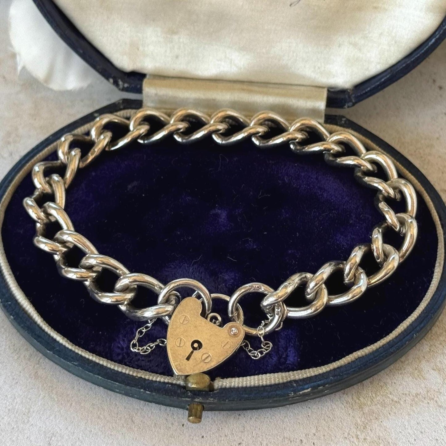 Vintage 1970s Chunky Sterling Silver Heart Padlock Bracelet, Fred Manshaw 1974 London Hallmarks