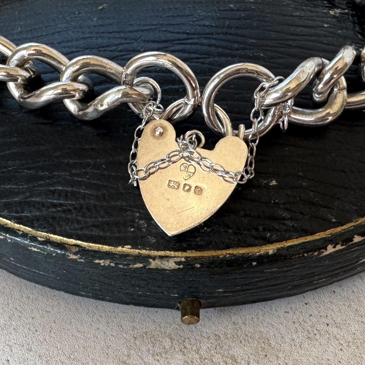 Vintage 1970s Chunky Sterling Silver Heart Padlock Bracelet, Fred Manshaw 1974 London Hallmarks