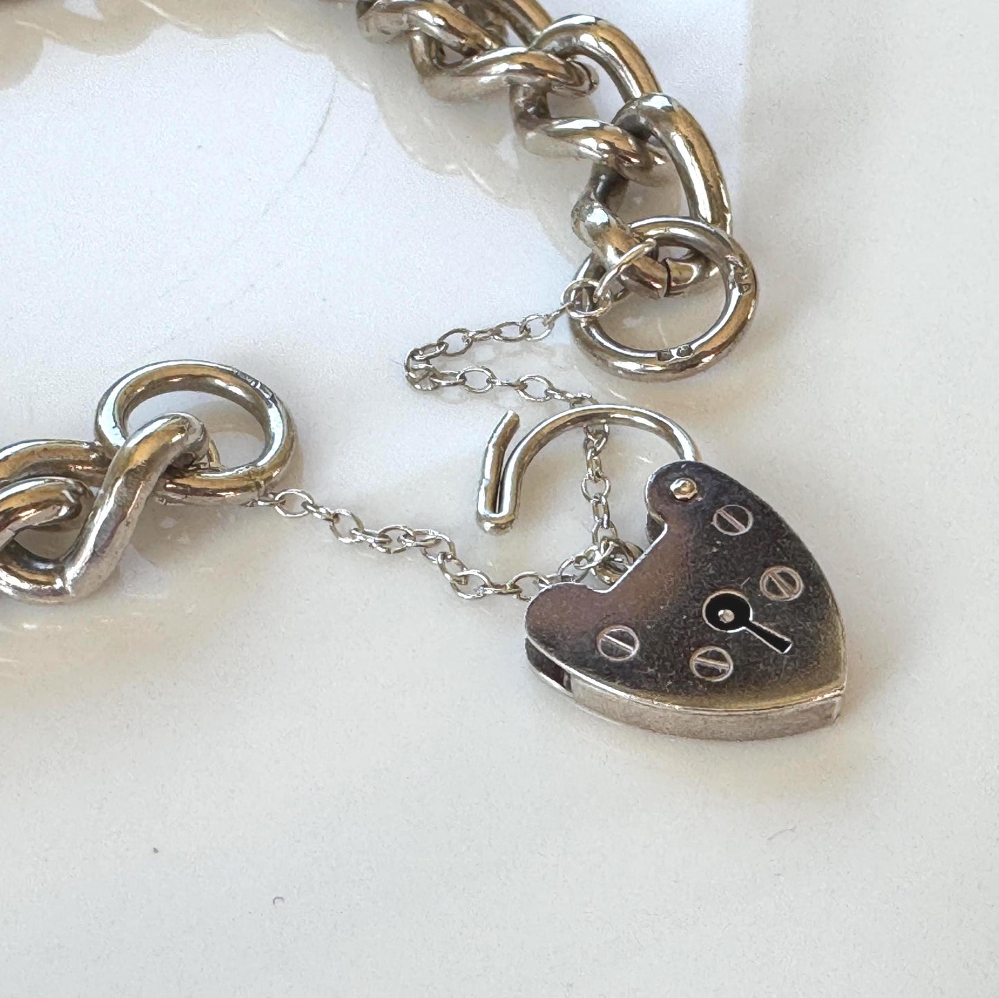 Vintage 1970s Chunky Sterling Silver Heart Padlock Bracelet, Fred Manshaw 1974 London Hallmarks