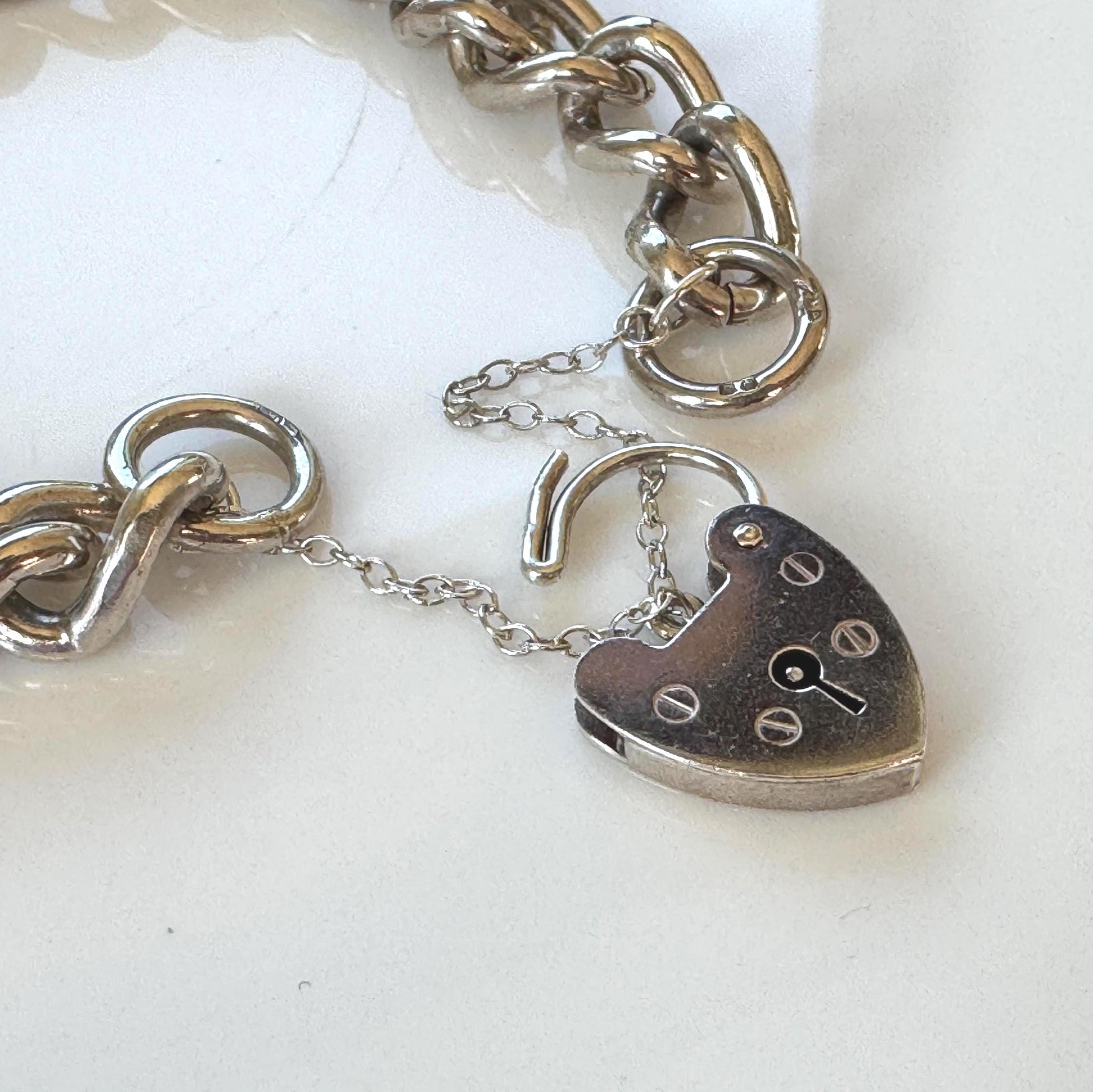 Vintage 1970s Chunky Sterling Silver Heart Padlock Bracelet, Fred Manshaw 1974 London Hallmarks