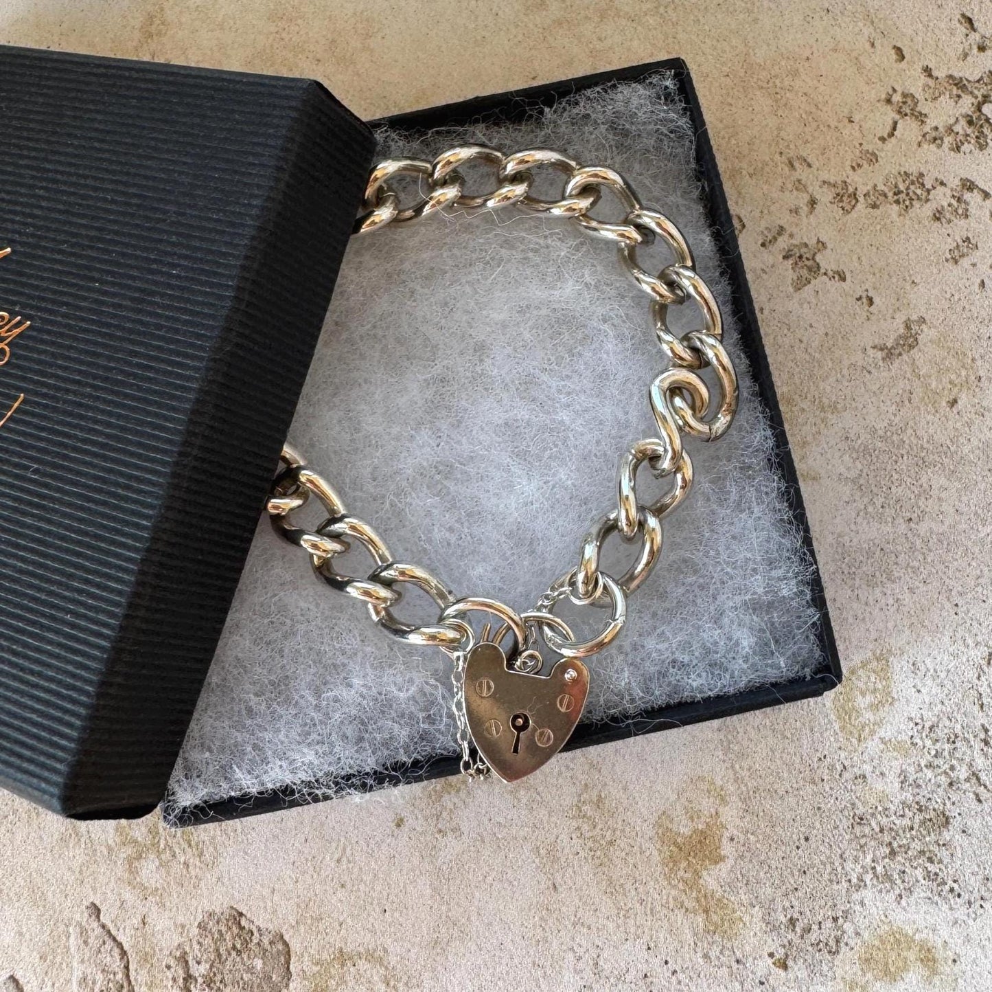 Vintage 1970s Chunky Sterling Silver Heart Padlock Bracelet, Fred Manshaw 1974 London Hallmarks