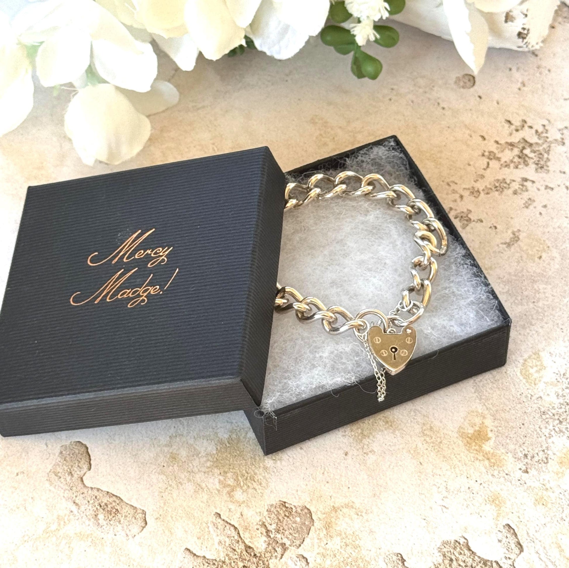 Vintage 1970s Chunky Sterling Silver Heart Padlock Bracelet, Fred Manshaw 1974 London Hallmarks