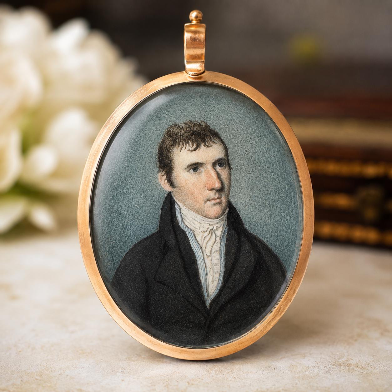 Antique Regency Portrait Miniature Pendant, Georgian Gentleman, Silver Gilt Hairwork c1800