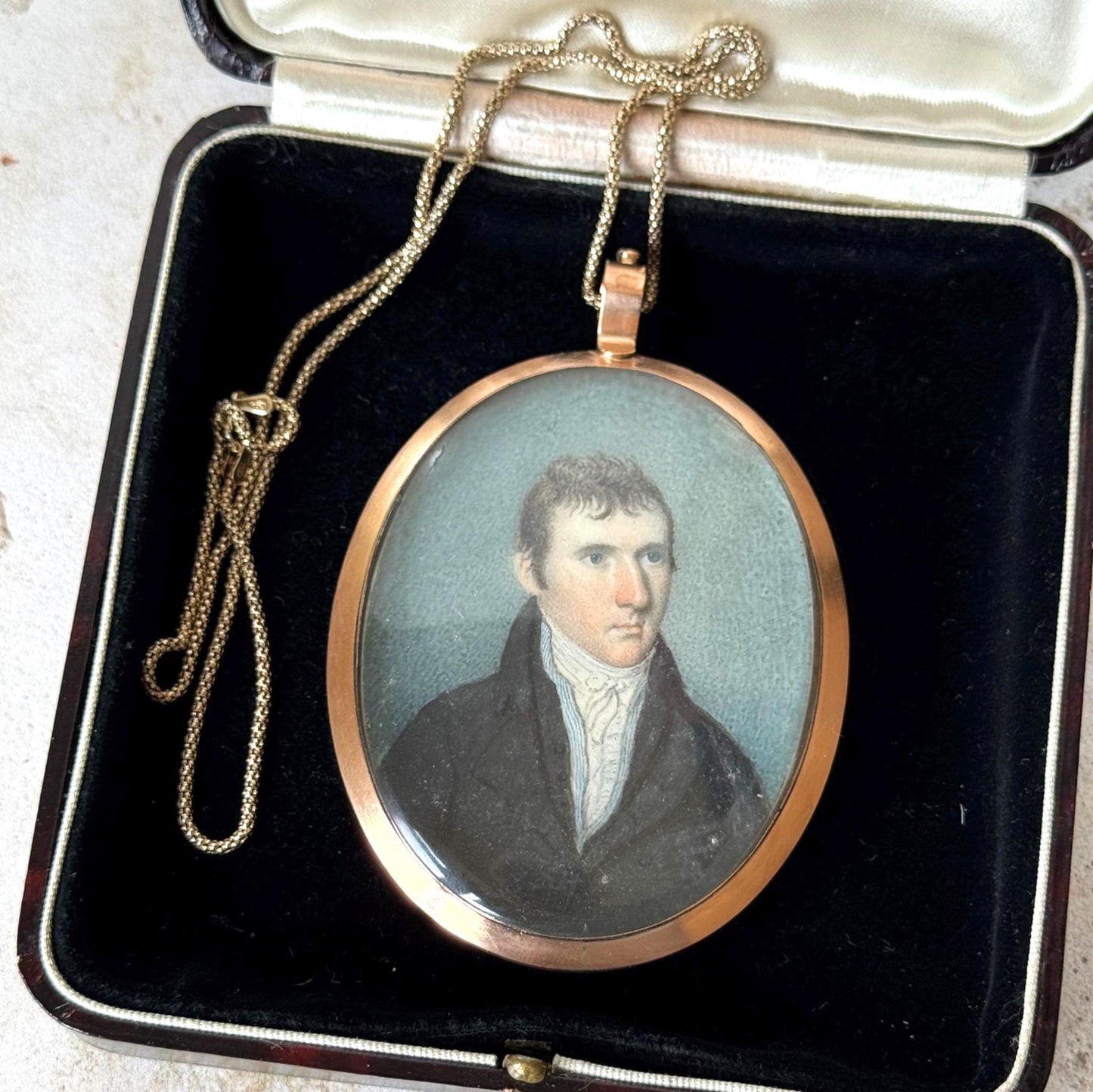 Antique Regency Portrait Miniature Pendant, Georgian Gentleman, Silver Gilt Hairwork c1800