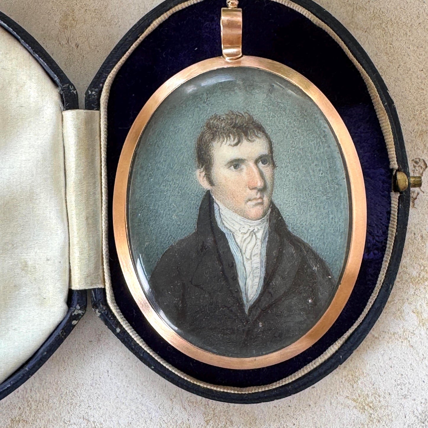 Antique Regency Portrait Miniature Pendant, Georgian Gentleman, Silver Gilt Hairwork c1800