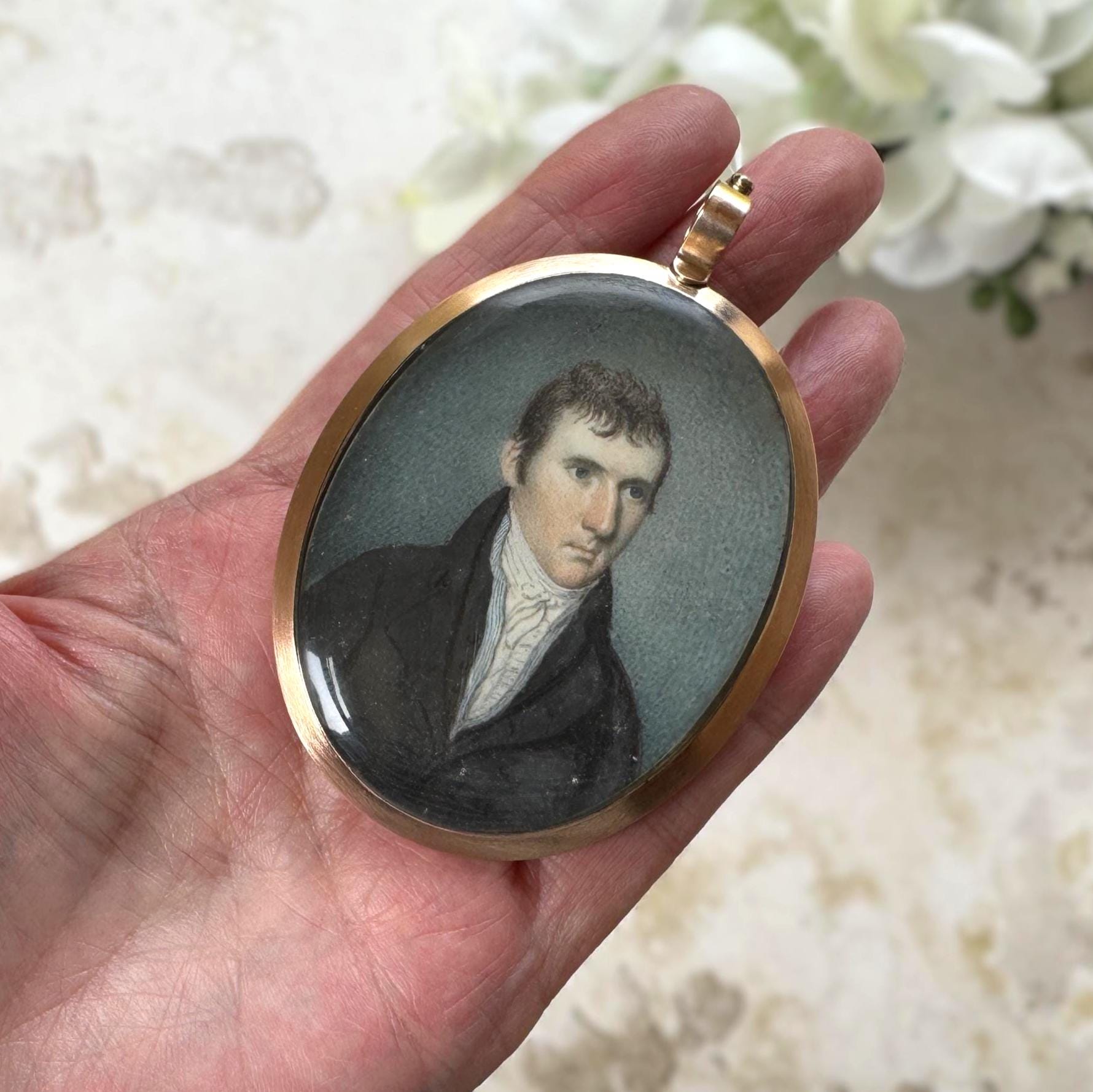 Antique Regency Portrait Miniature Pendant, Georgian Gentleman, Silver Gilt Hairwork c1800