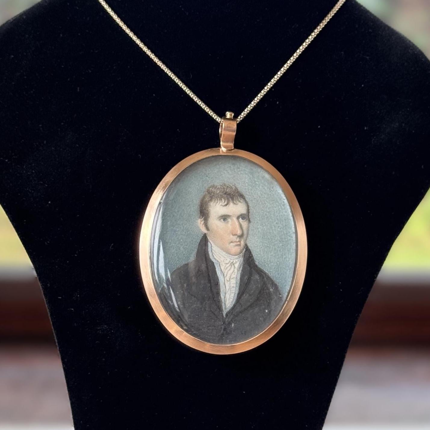 Antique Regency Portrait Miniature Pendant, Georgian Gentleman, Silver Gilt Hairwork c1800