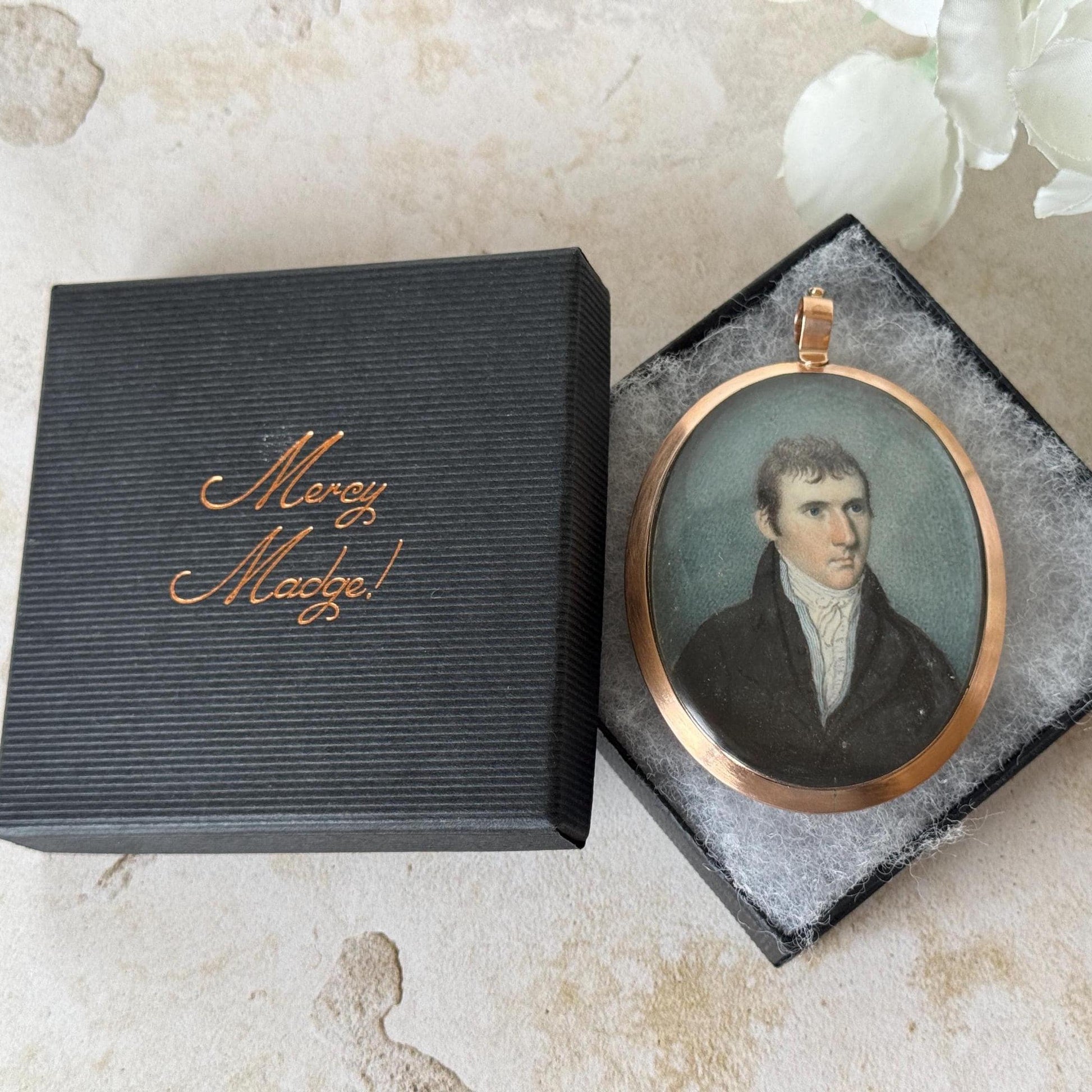 Antique Regency Portrait Miniature Pendant, Georgian Gentleman, Silver Gilt Hairwork c1800