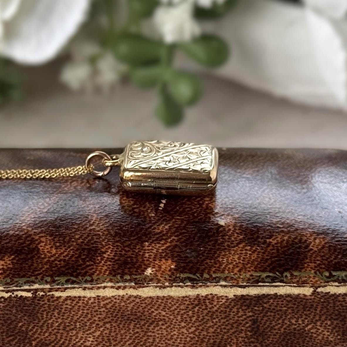 Antique Victorian Rolled Gold Rectangular Locket & Gold Filled Chain | 2-Sided Floral Engraved Pendant Necklace