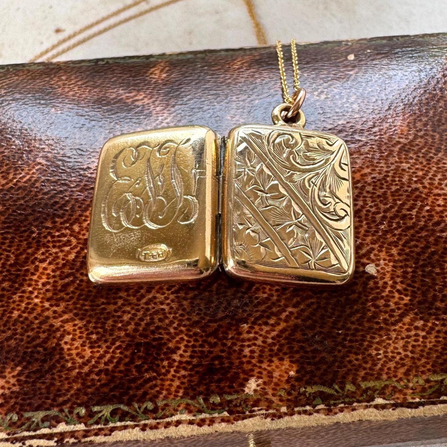 Antique Victorian Rolled Gold Rectangular Locket & Gold Filled Chain | 2-Sided Floral Engraved Pendant Necklace