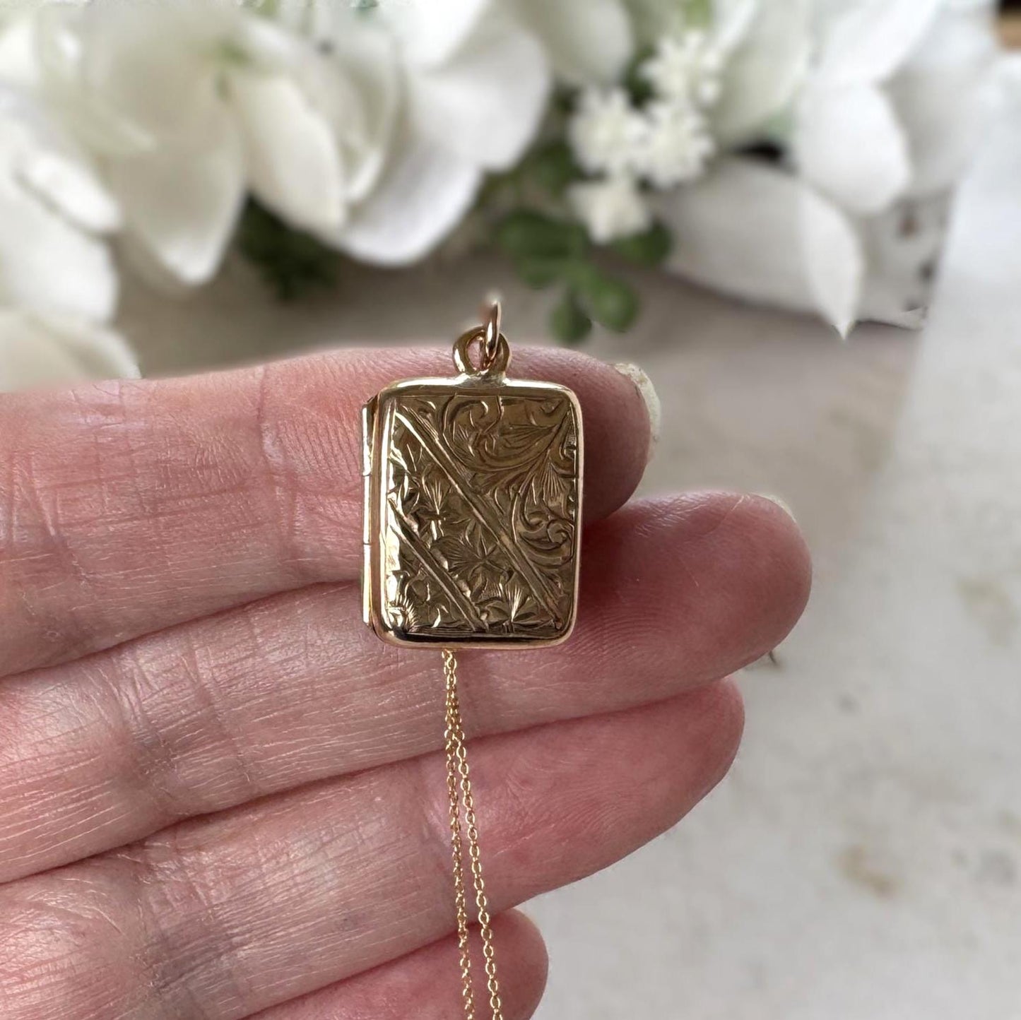 Antique Victorian Rolled Gold Rectangular Locket & Gold Filled Chain | 2-Sided Floral Engraved Pendant Necklace