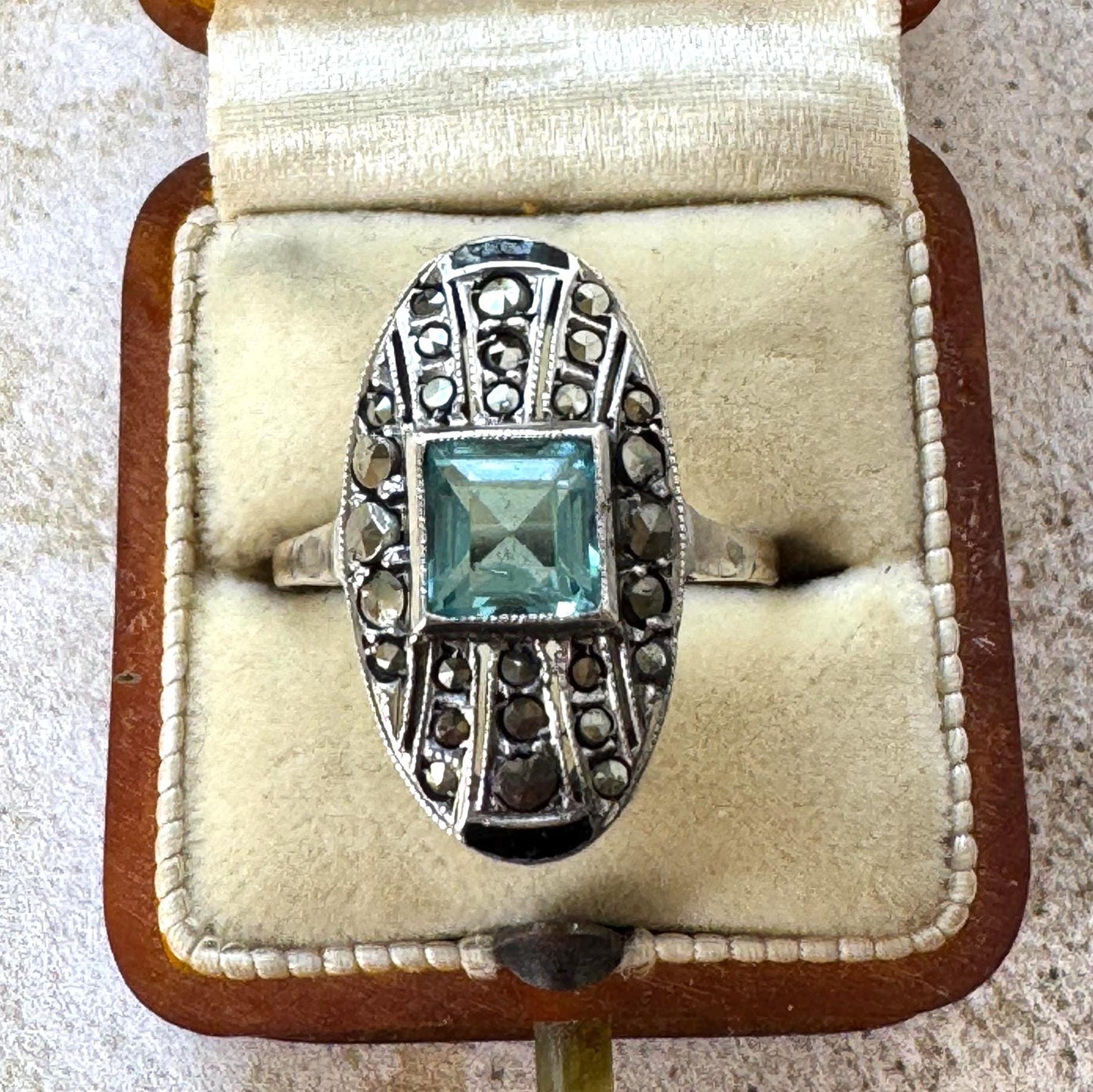 Antique 1920s Art Deco Blue Paste Topaz & Enamel Silver Ring, 9ct Gold Band