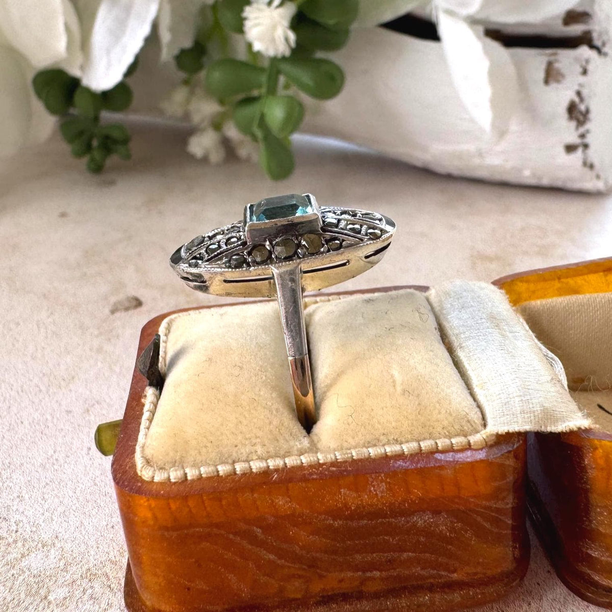 Antique 1920s Art Deco Blue Paste Topaz & Enamel Silver Ring, 9ct Gold Band
