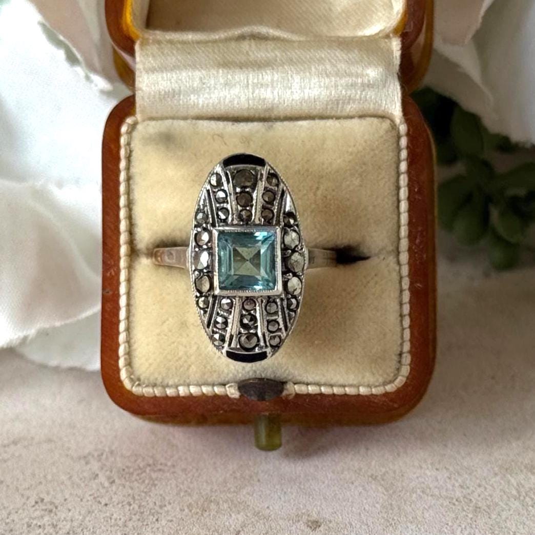 Antique 1920s Art Deco Blue Paste Topaz & Enamel Silver Ring, 9ct Gold Band