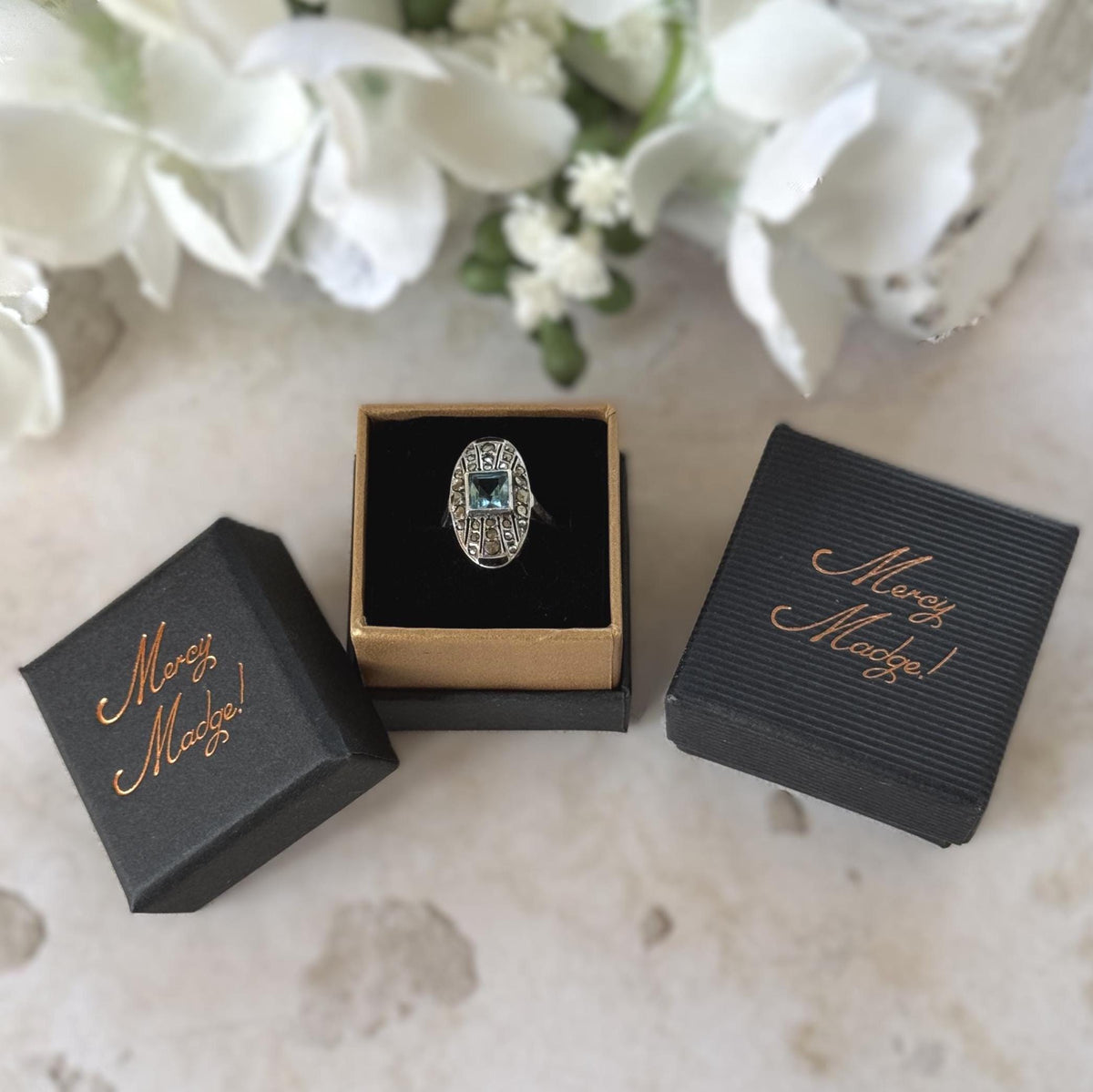 Antique 1920s Art Deco Blue Paste Topaz & Enamel Silver Ring, 9ct Gold Band