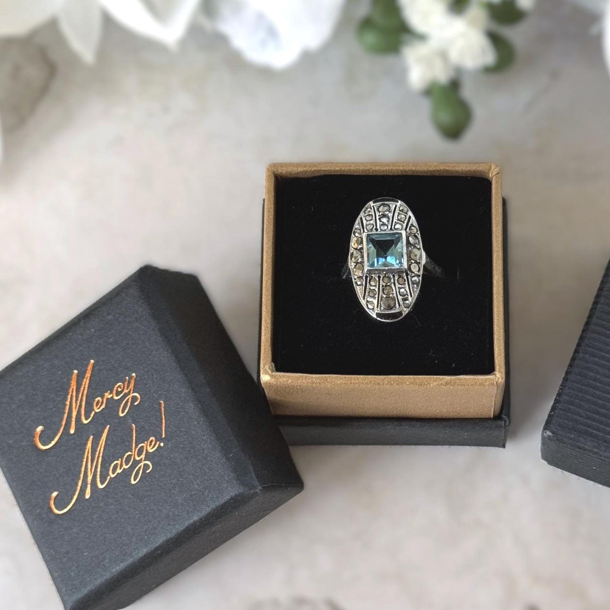 Antique 1920s Art Deco Blue Paste Topaz & Enamel Silver Ring, 9ct Gold Band