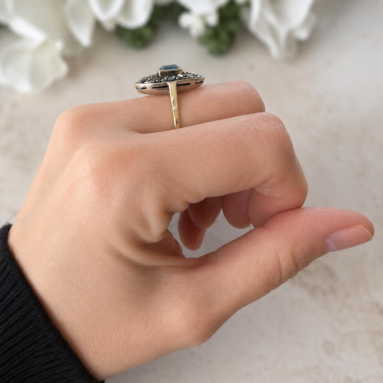 Antique 1920s Art Deco Blue Paste Topaz & Enamel Silver Ring, 9ct Gold Band